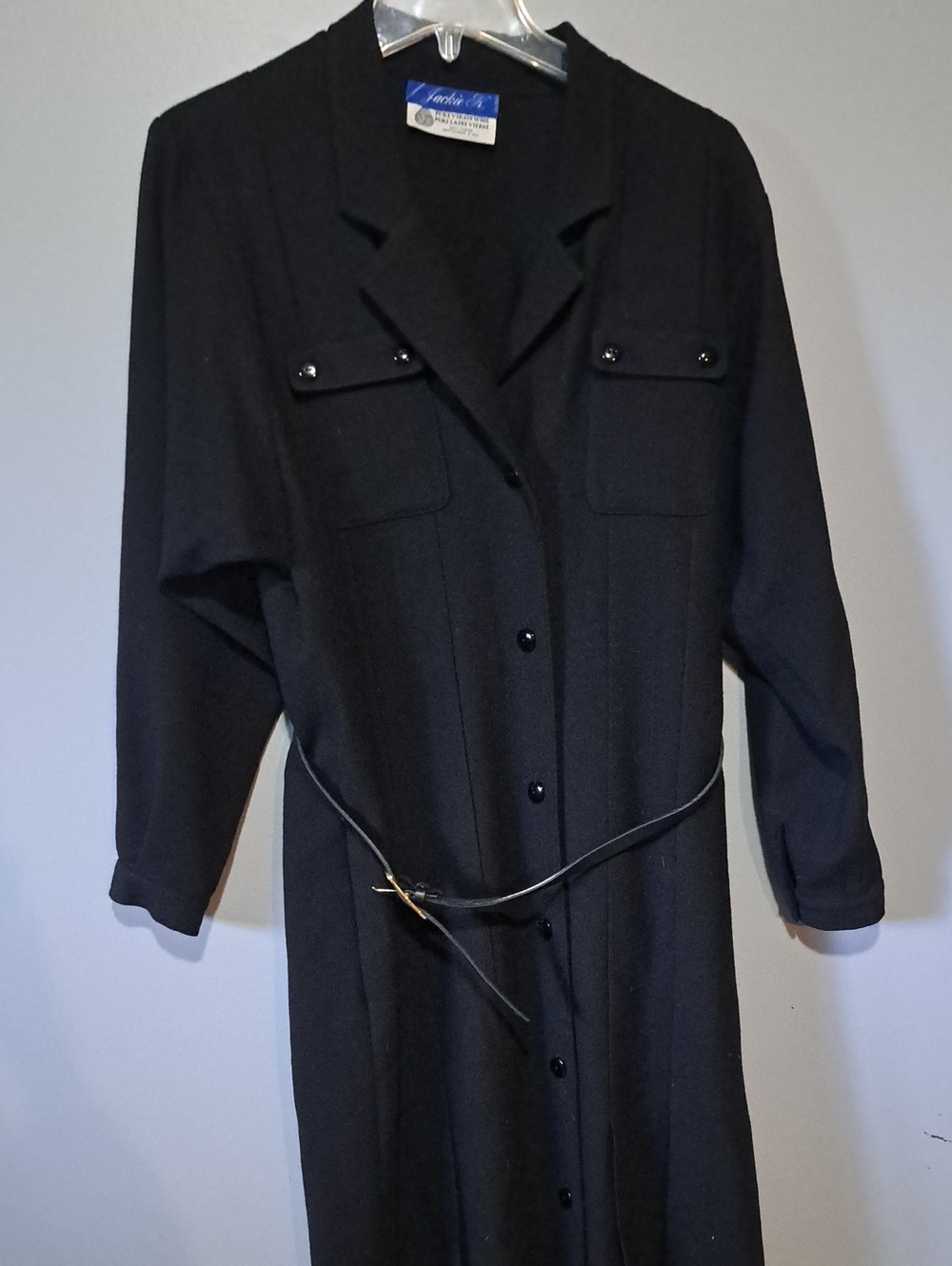 Leslie Fay Wool Black Longline Trench Coat with Belt.